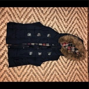 Never worn Love Tree navy/flannel hooded fur vest!